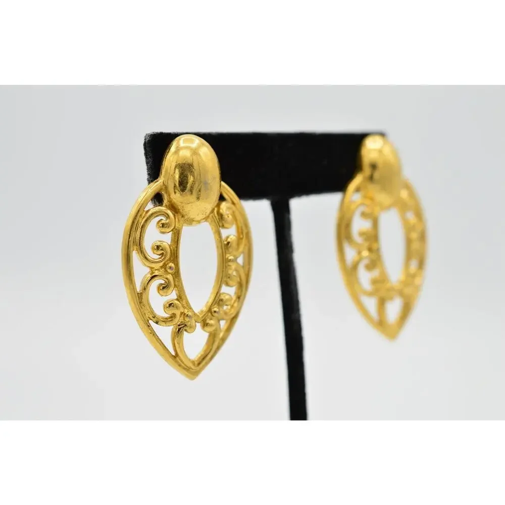 Vintage Earrings Post Brushed Antiqued Gold Dangle Chic Statement 1980s 9L